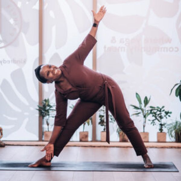 A woman practicing yoga