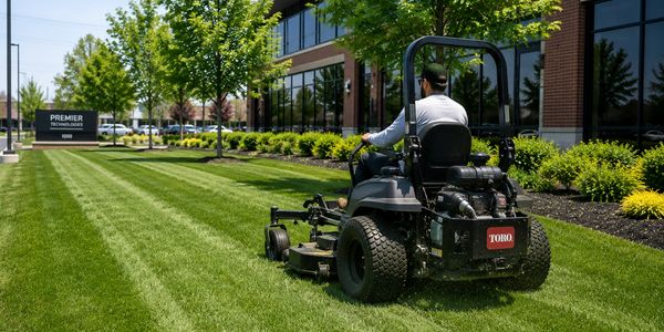 Man mowing a green lawn outside an office building.