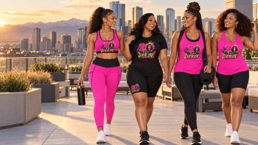 Four women wearing matching "90 Day Lock In" workout outfits walking outdoors.