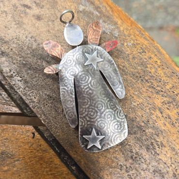 Handmade Sterling Silver Angel Pin with copper accents. $75.00 USA Dollars