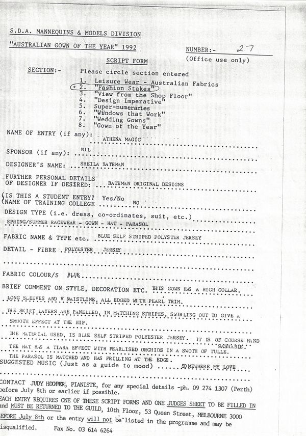 Australian Gown Of The Year 1992, Original entry documentation. Entry 27. Script Form