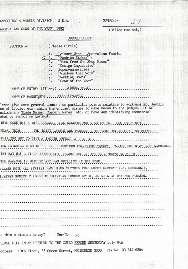 Australian Gown Of The Year 1992, Original entry documentation. Entry 27. Judges Sheet