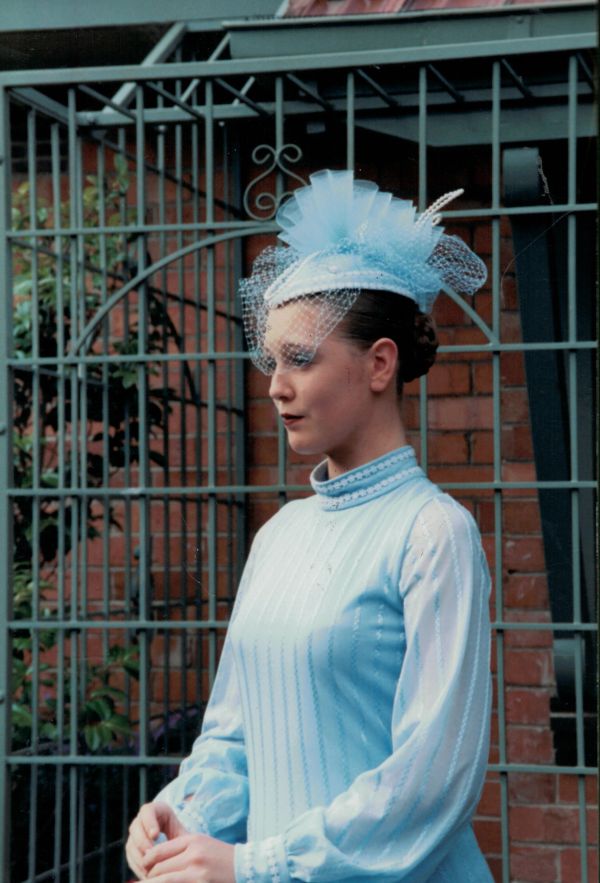 Helen Bateman Going to Oaks Day in 1993 after the garment returned from tour, with hat