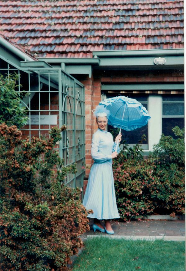 Helen Bateman Going to Oaks Day in 1993 after the garment returned from tour, with parasol