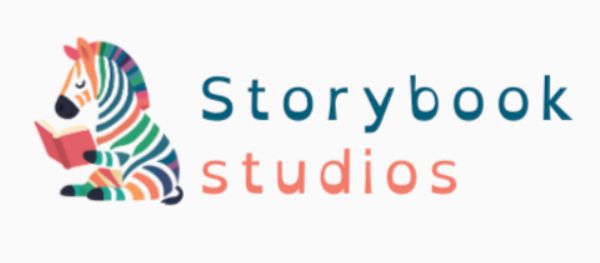 Colorful zebra reading a book, logo for Storybook Studios.