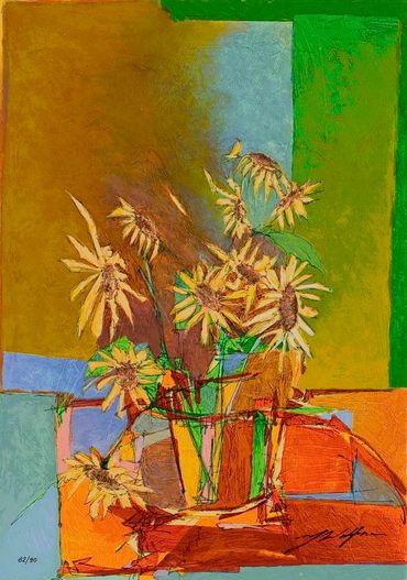Sunflowers. A serigraphy art print by contemporary artist Yuval Wolfson.