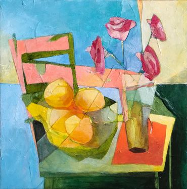 Flowers and Oranges. Acrylic on canvas contemporary art by Yuval Wolfson.