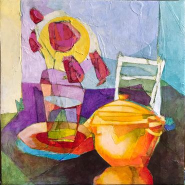 Flowers and Soup. Acrylic on canvas contemporary art by Yuval Wolfson.