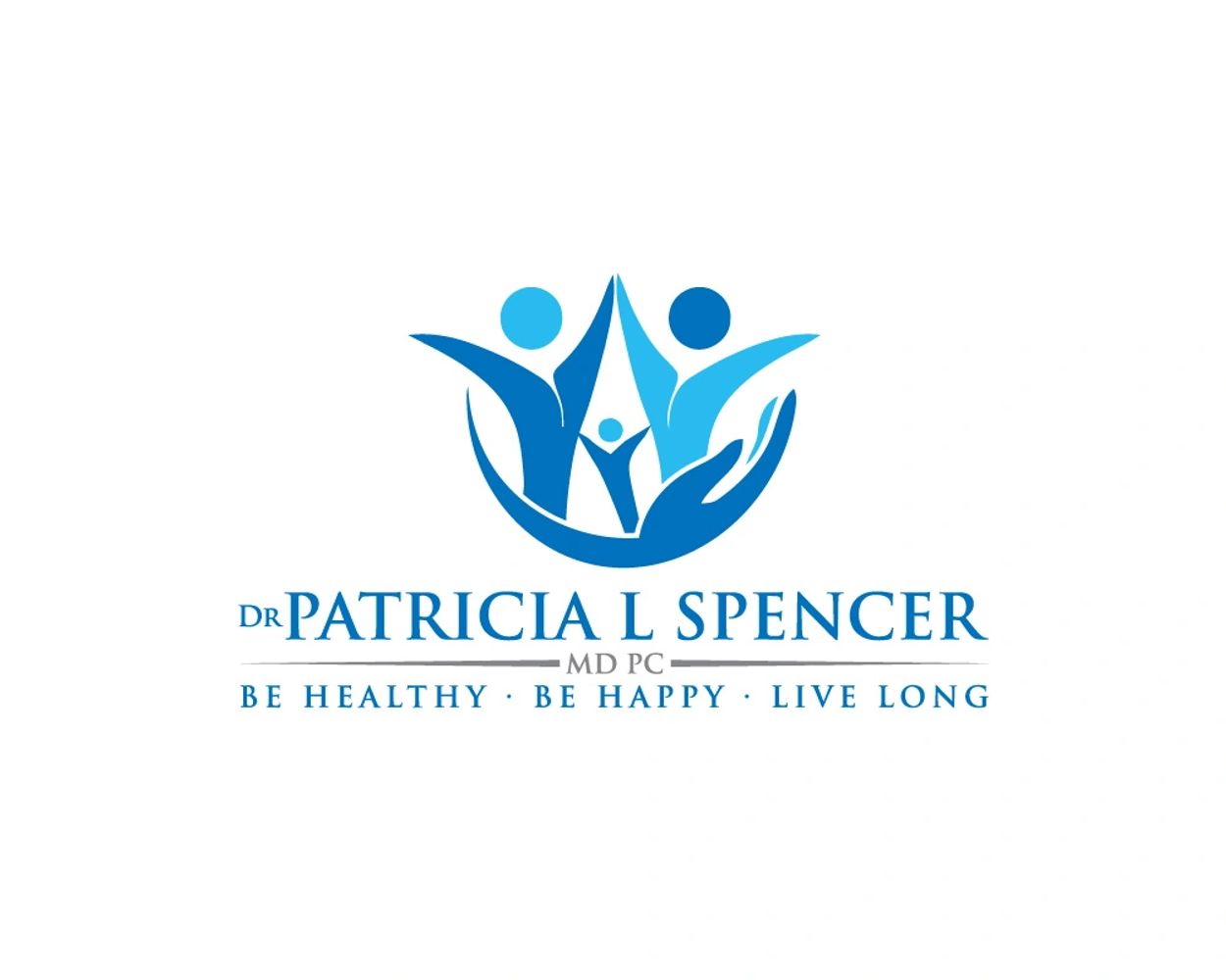 Logo of a family held by a hand.  Dr. Patricia L Spencer, MD PC, be healthy, be happy, live long
