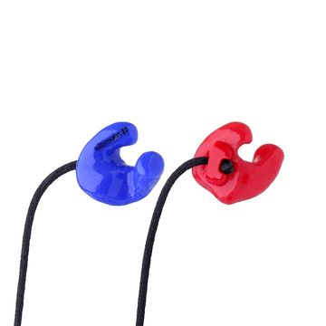 Red and blue custom molded earplugs connected by a black cord.