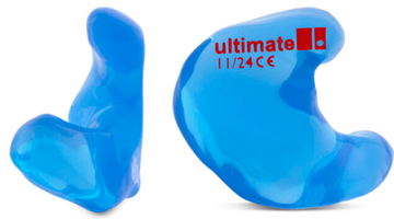 A pair of blue custom-molded earplugs with the brand name "ultimate".