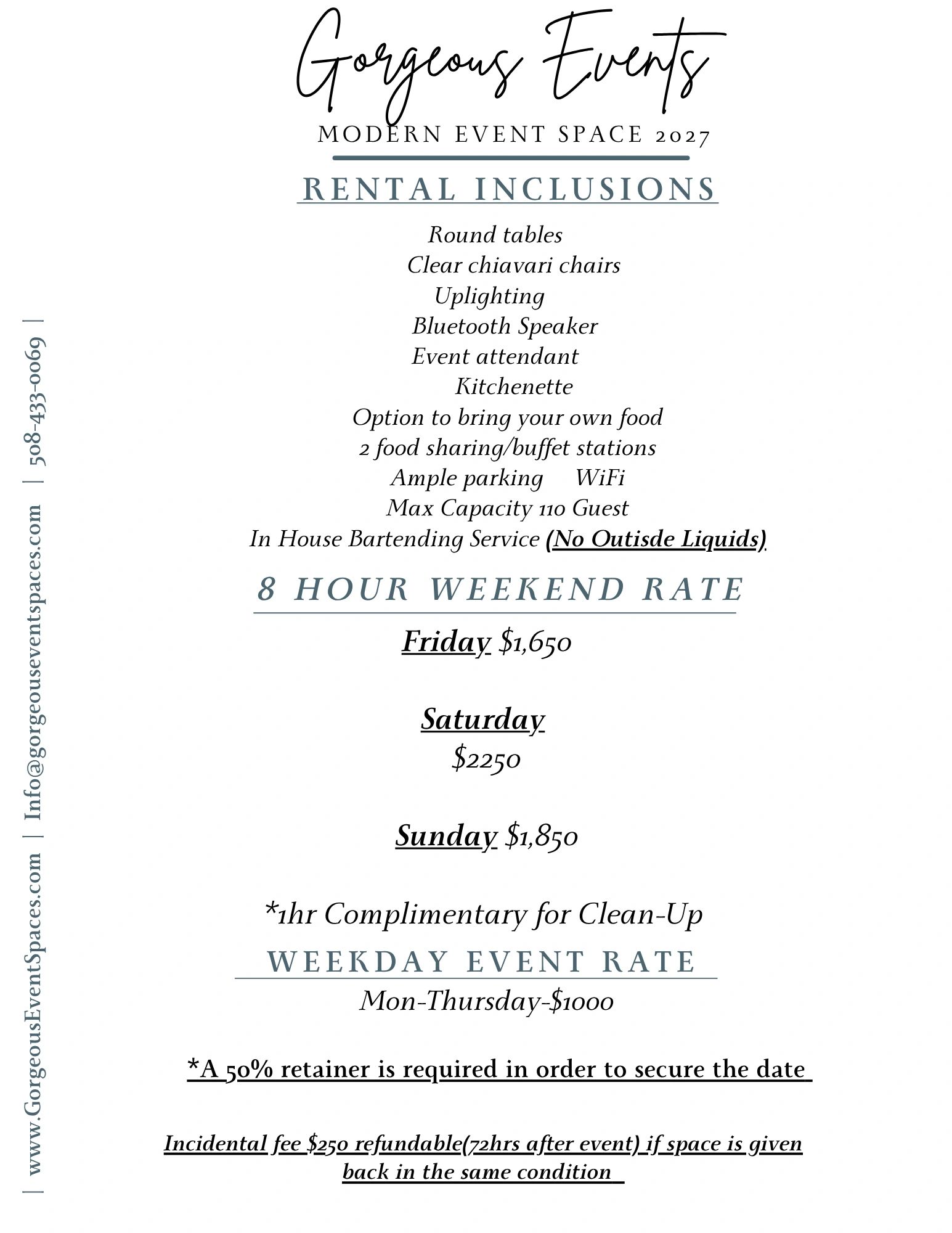 Rental inclusions and rates for Gorgeous Events modern event space in 2027.