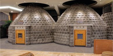Large grey domes of traditional Korean sauna rooms, elevated to our luxury spa standards