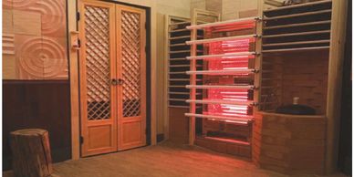 Warm, woody room with brightly lit, hot looking radiator for our high-tech sauna room