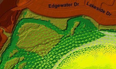 RiverFlow2D, Sacramento River, flow split, overbank flow, velocity vectors, LiDAR, bathymetry.
