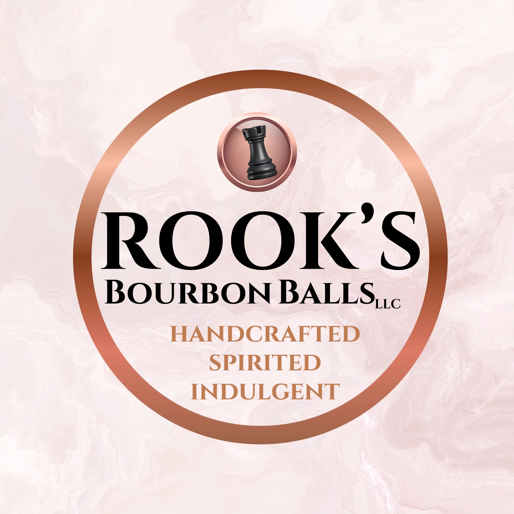 Logo for Rook's Bourbon Balls LLC with made by hand tagline.