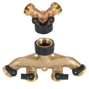 Brass garden hose splitter with multiple outlets and shut-off valves.