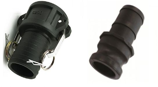 Two black plastic hose connectors, one with metal locking clips.