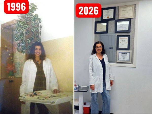 Woman in lab coat, 1996 and 2026.