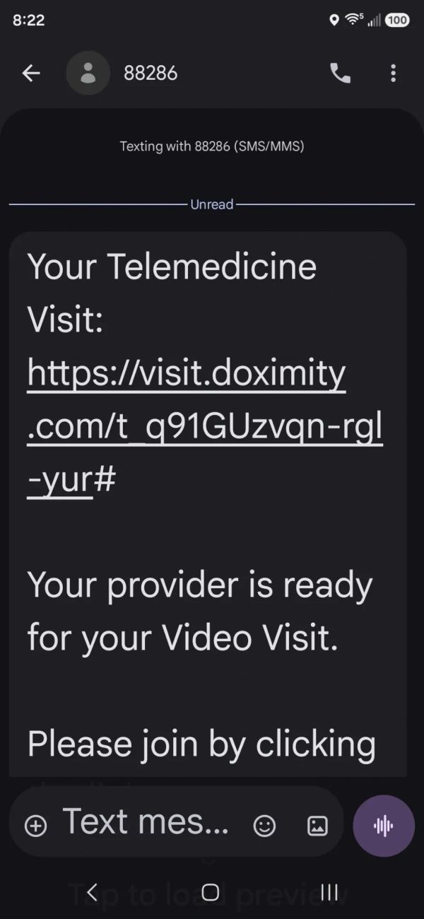 Screenshot of a telemedicine visit link message.