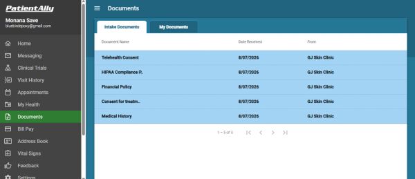 Patient portal document overview with medical and consent forms.