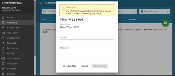 Patient Ally messaging interface with new message popup.