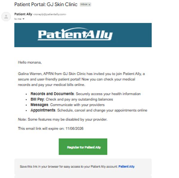 Invitation email for Patient Ally portal from GJ Skin Clinic.