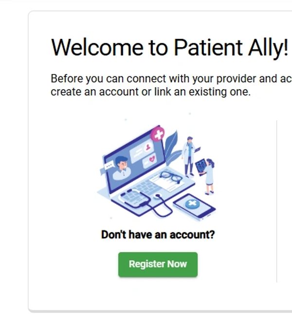 Welcome message for Patient Ally with account registration prompt.