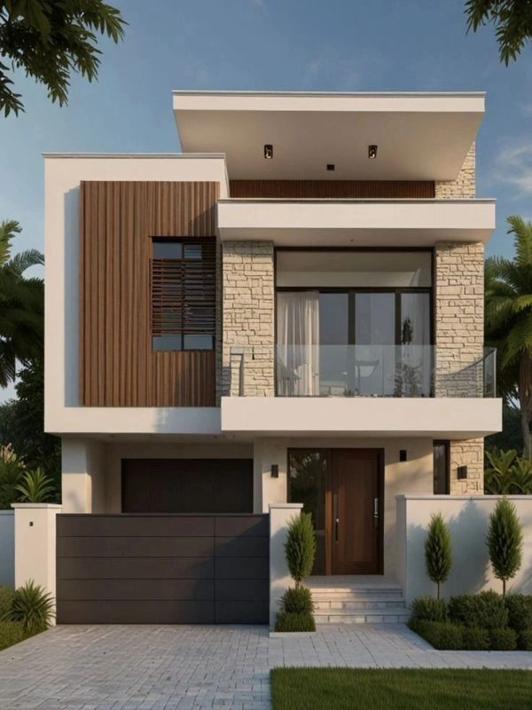 Modern two-story house with stone and wood accents, glass balcony, and a spacious driveway.