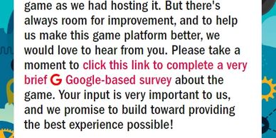 Sample screen showing our link to give feedback after a game