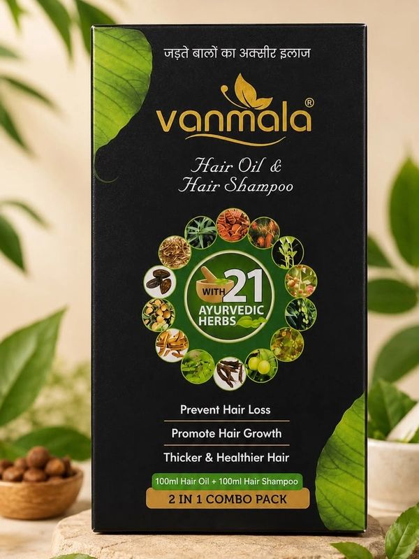 Vanmala hair oil and shampoo with 21 Ayurvedic herbs.