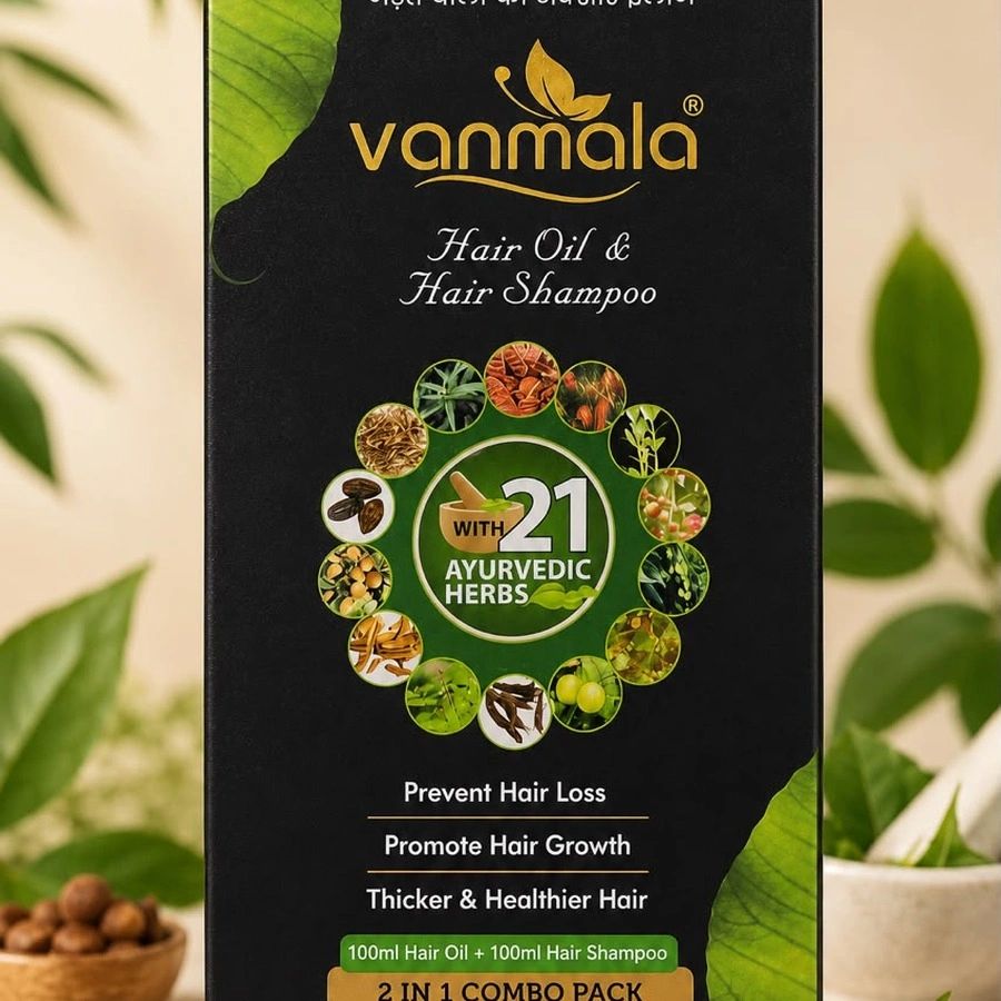 Vanmala 2-in-1 Hair Oil & Shampoo with 21 Ayurvedic Herbs.