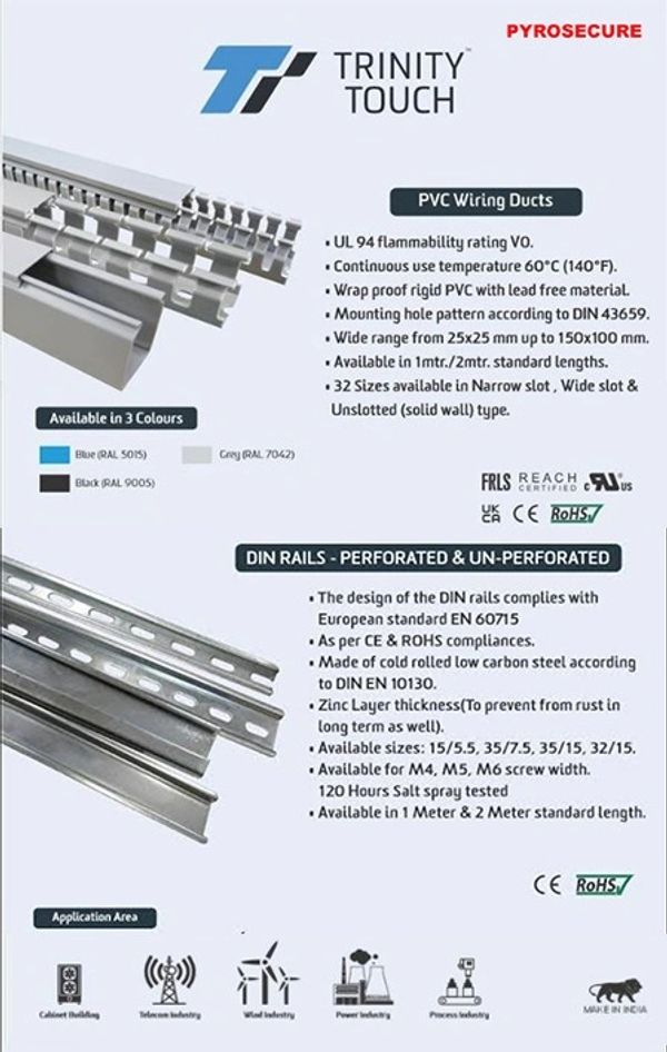 Product details of Trinity Touch PVC wiring ducts and DIN rails.