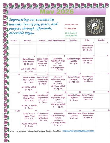 Yoga class schedule for the month, listing various sessions and instructors.