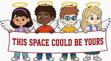 Four cartoon angel kids holding a banner saying 'This space could be yours'.