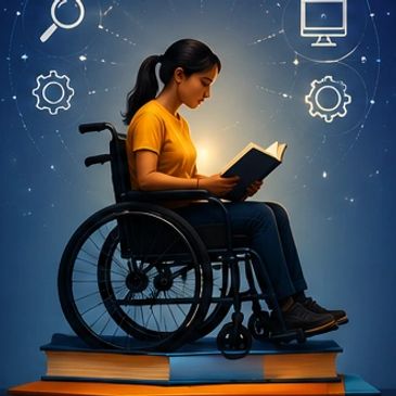 Man in wheelchair looking at an open door with a sunny outdoor path.