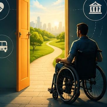 Man in wheelchair looking at an open door with a sunny outdoor path.