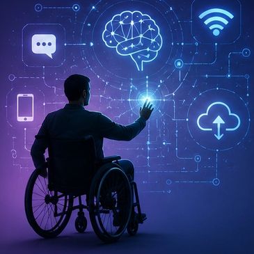 Man in wheelchair looking at an open door with a sunny outdoor path.