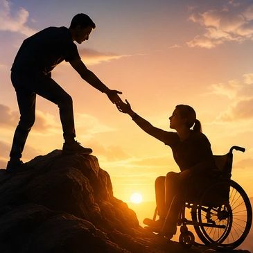 Man in wheelchair looking at an open door with a sunny outdoor path.
