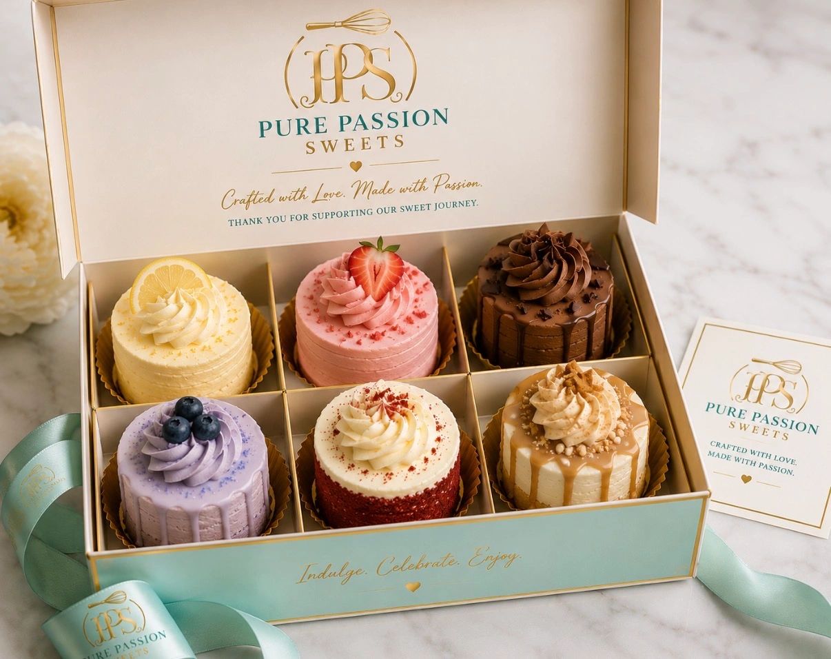Luxury handcrafted mini cakes in a custom Pure Passion Sweets gift box.
