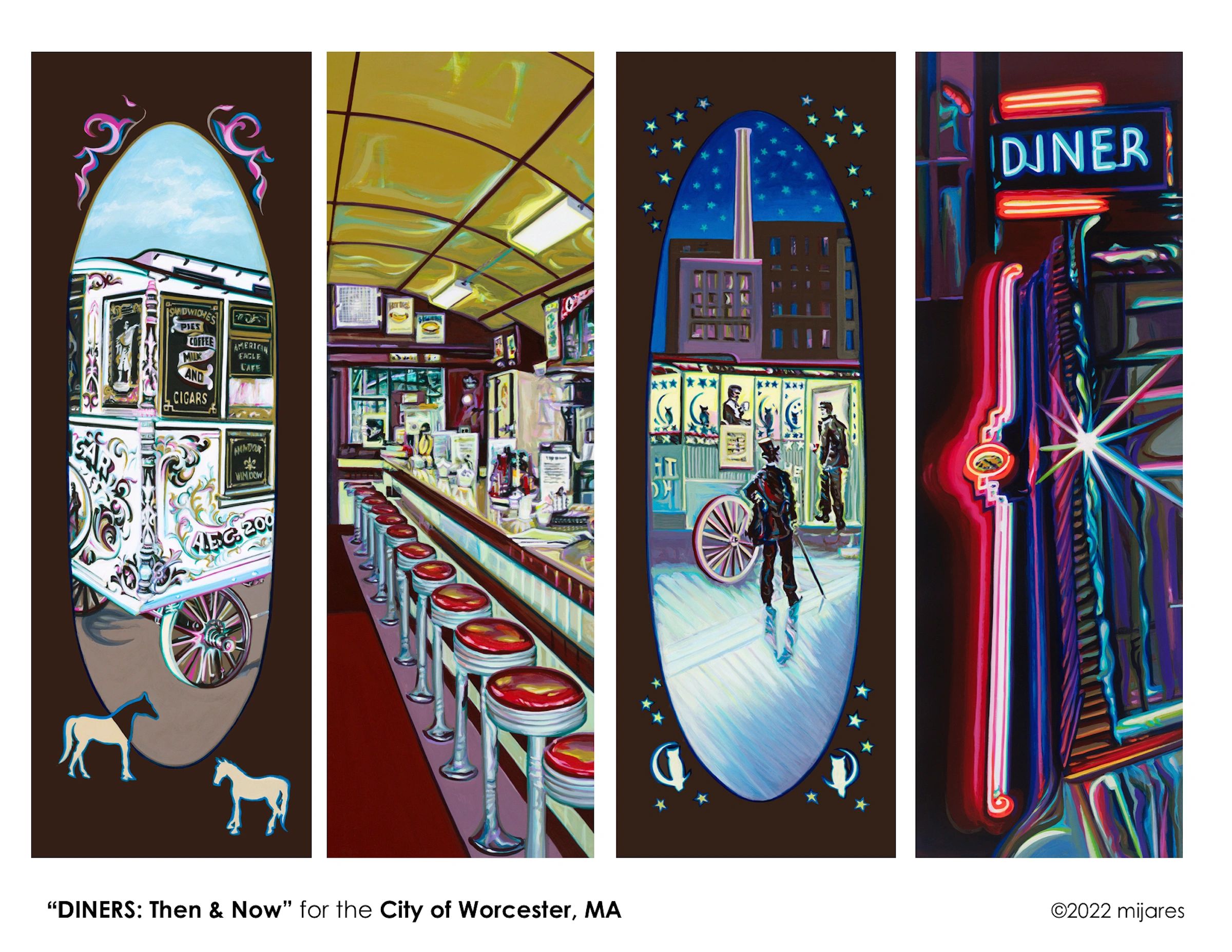 "DINERS:Then & Now" paintings for 4-sided wayfinder for City of Worcester, MA