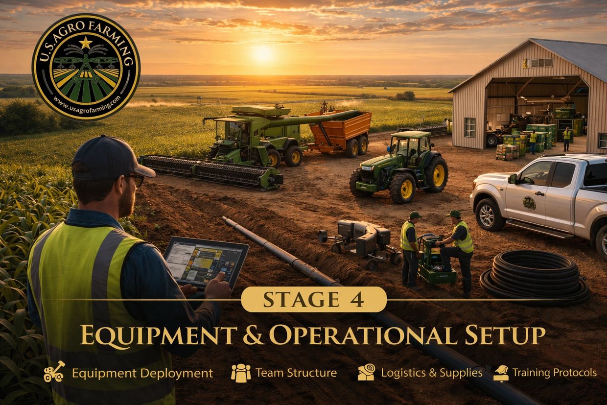 Farmers setting up agricultural equipment and operations at sunset.
