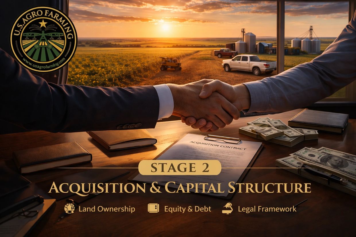 Two people shaking hands over an acquisition contract with farm background at sunset.