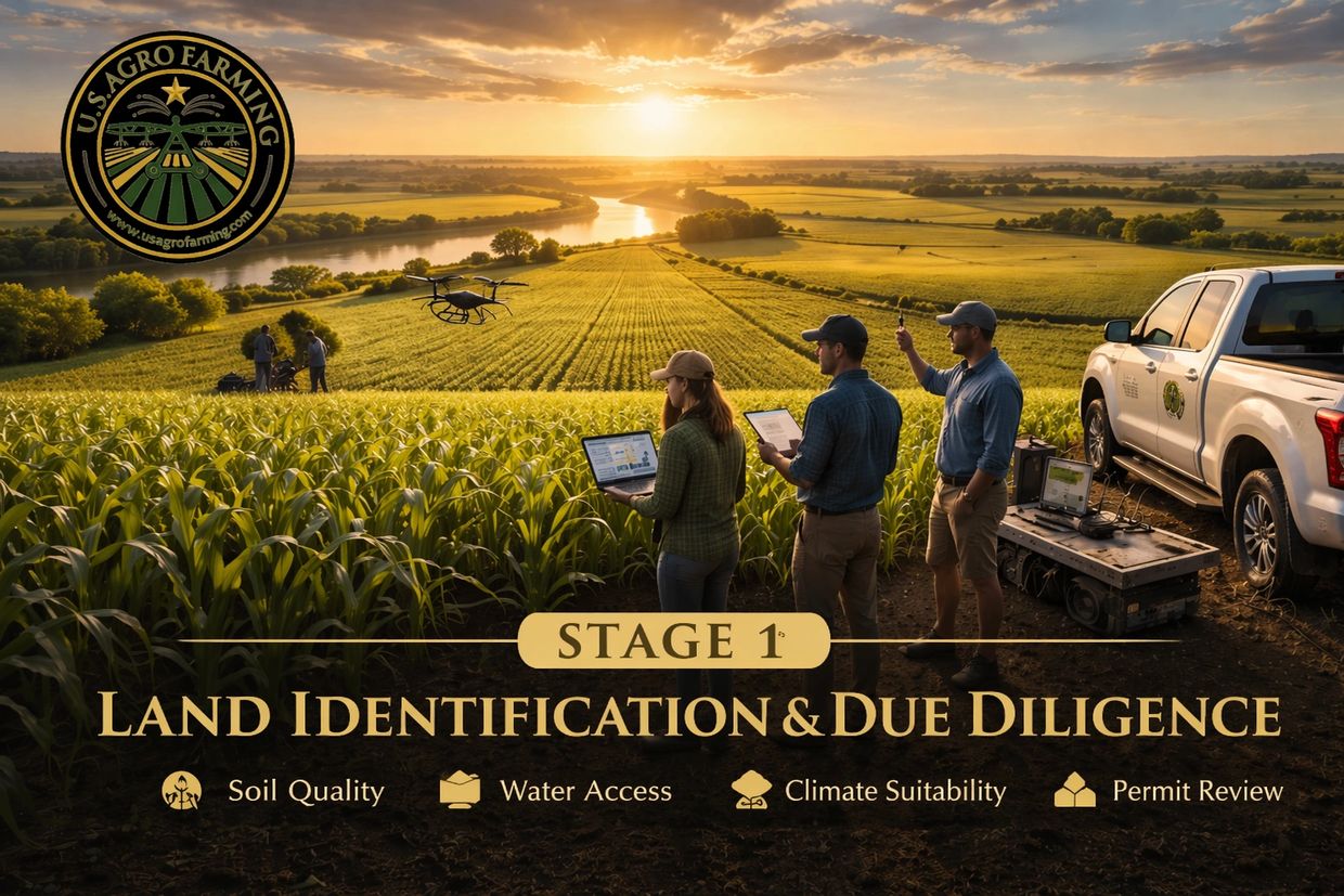 Farmers using technology for land identification and due diligence at sunset.
