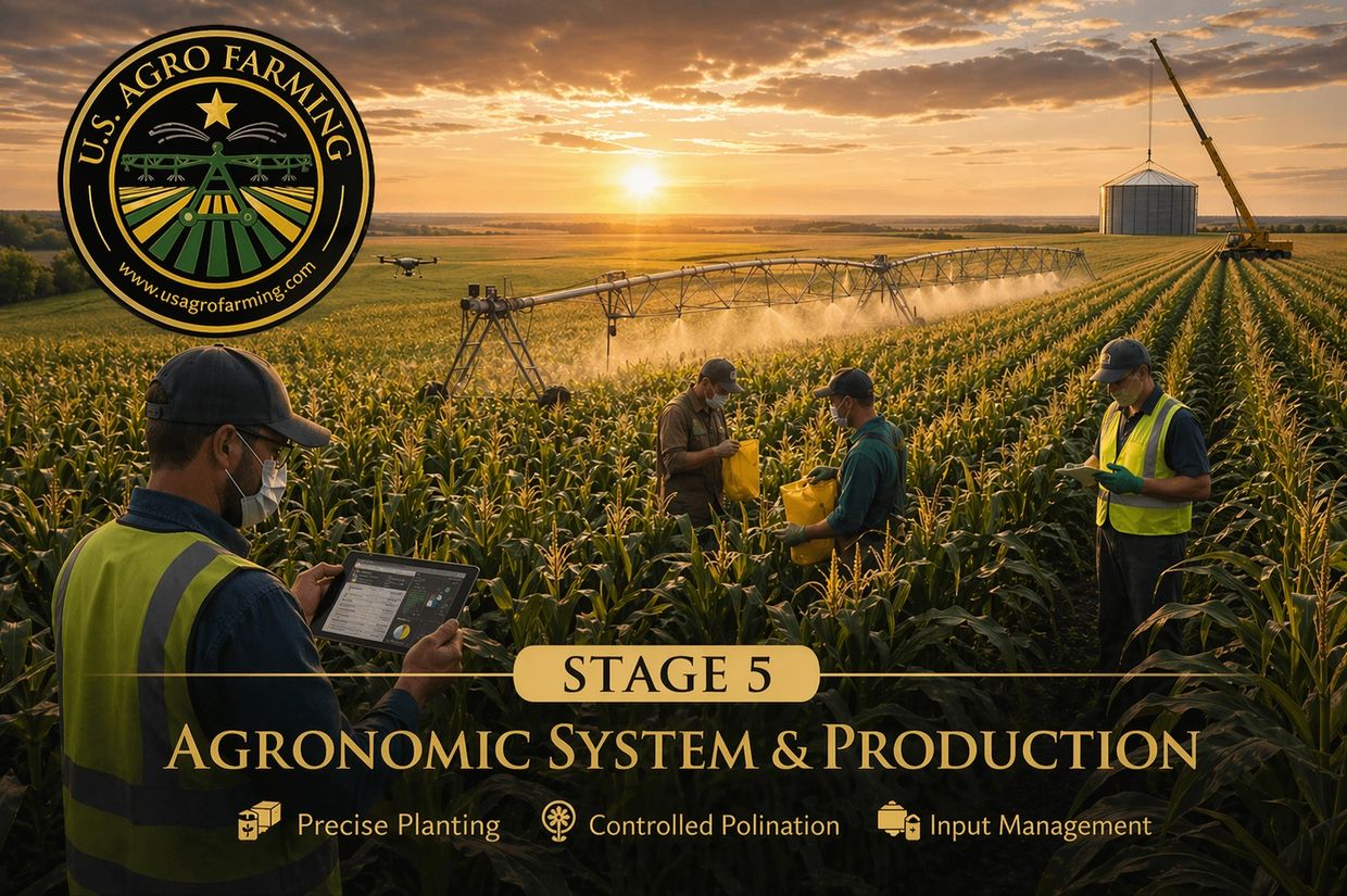 Farmers using technology for precise planting and input management in a cornfield at sunset.