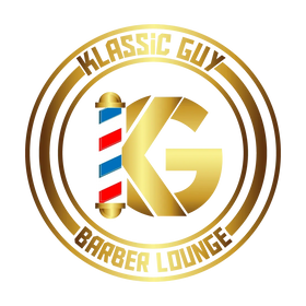 Gold circle logo, barber pole, barbershop