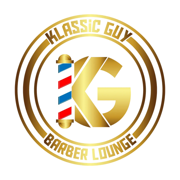 Gold circle logo, barber pole, barbershop