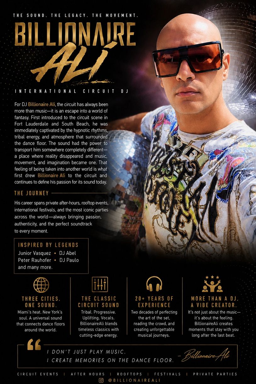 Billionaire Ali, international circuit DJ with 20+ years of experience creating unforgettable musical journeys.