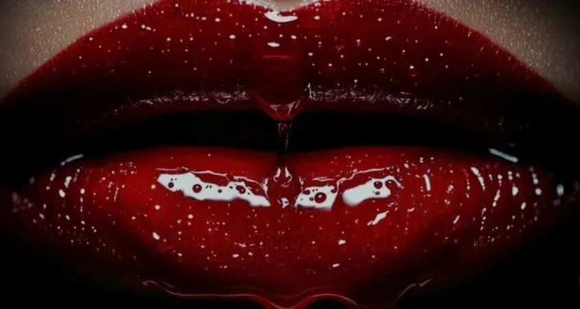 Close-up of glossy red lips with a drop of liquid dripping down.