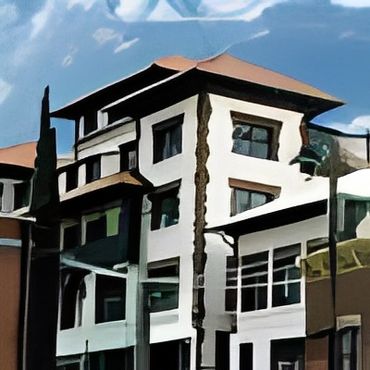 Modern multi-story building with white walls and brown roof under blue sky.